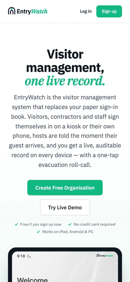 EntryWatch website on a phone